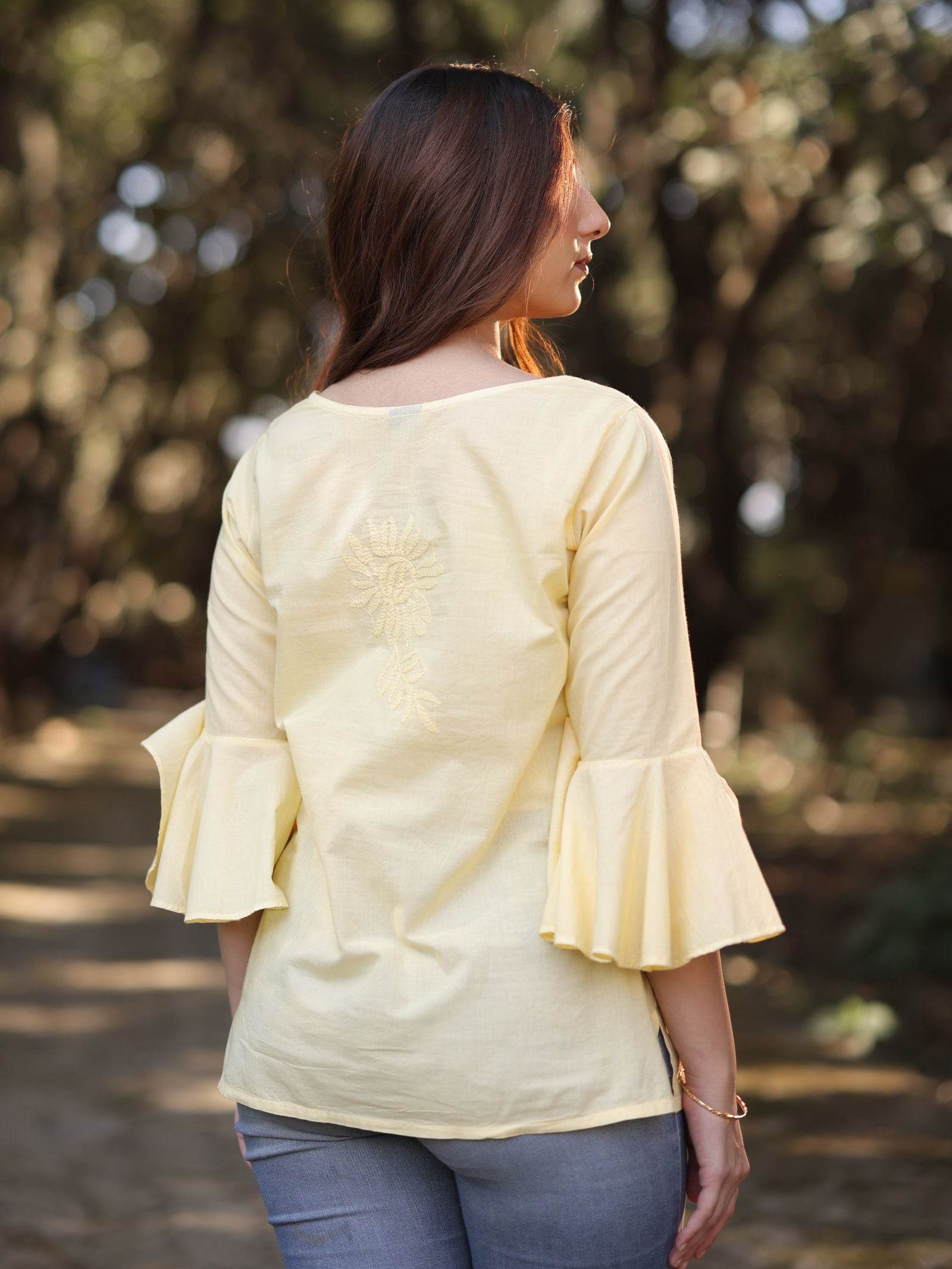 IQRA Chikankari Cotton Bell Sleeves Top - KRI CHIKANKARI